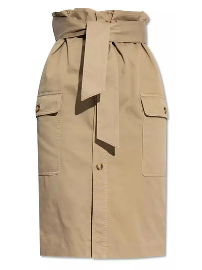 Beige Cargo Cotton Saharienne Safari Style Knee-Length Skirt - Skirts