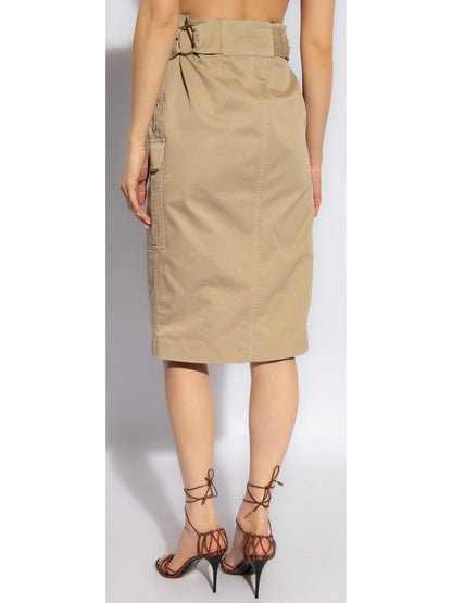 Beige Cargo Cotton Saharienne Safari Style Knee-Length Skirt - Skirts