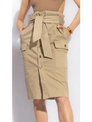 Beige Cargo Cotton Saharienne Safari Style Knee-Length Skirt - Skirts