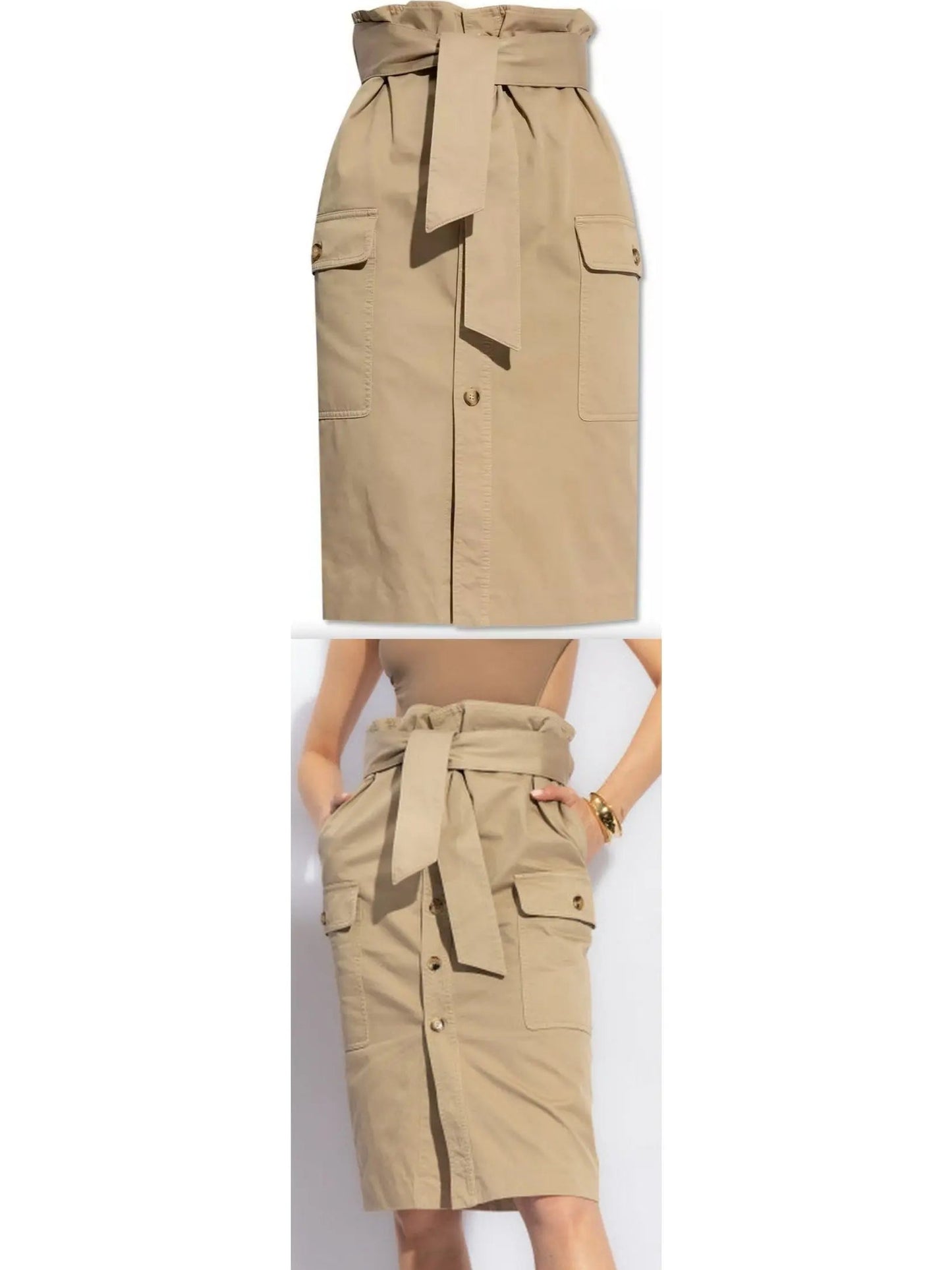 Beige Cargo Cotton Saharienne Safari Style Knee-Length Skirt - small - Skirts