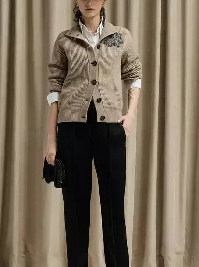 Beige Cashmere Cardigan with Floral Appliqué - Sweaters & Knitwear