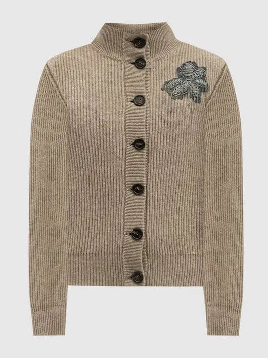 Beige Cashmere Cardigan with Floral Appliqué - Sweaters & Knitwear