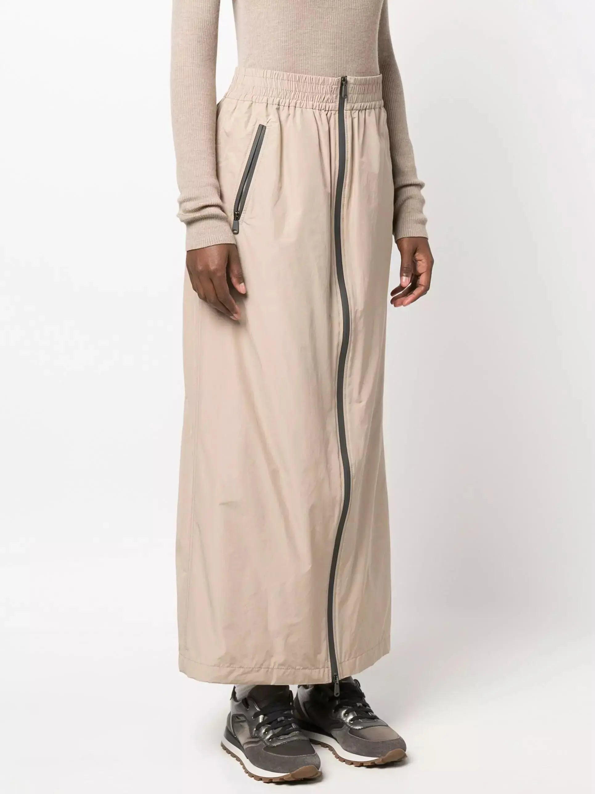 Beige Cotton Maxi Skirt with Black Zip Contrast - Skirts