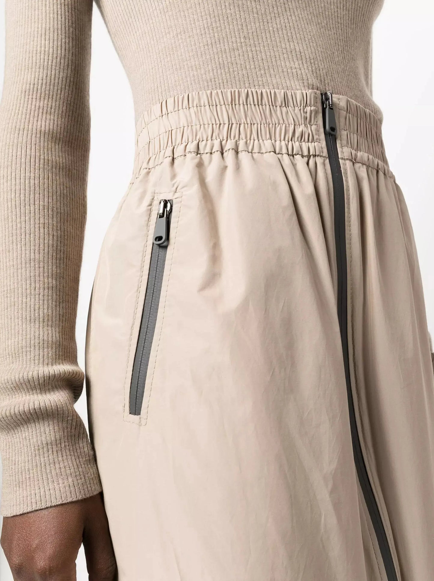 Beige Cotton Maxi Skirt with Black Zip Contrast - Skirts