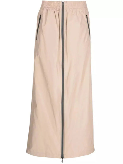 Beige Cotton Maxi Skirt with Black Zip Contrast - Skirts