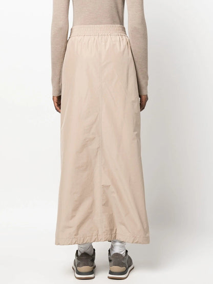 Beige Cotton Maxi Skirt with Black Zip Contrast - Skirts