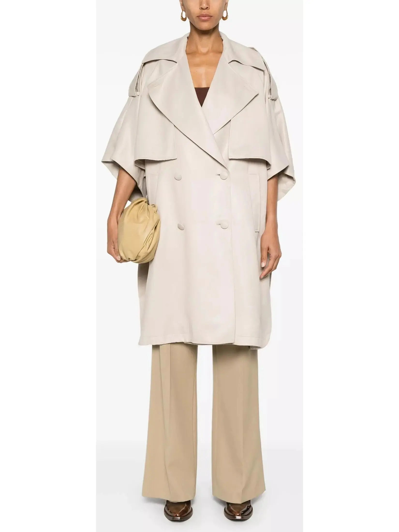 Beige Double-Breasted Short-Sleeve Cape Trench Coat - Coats