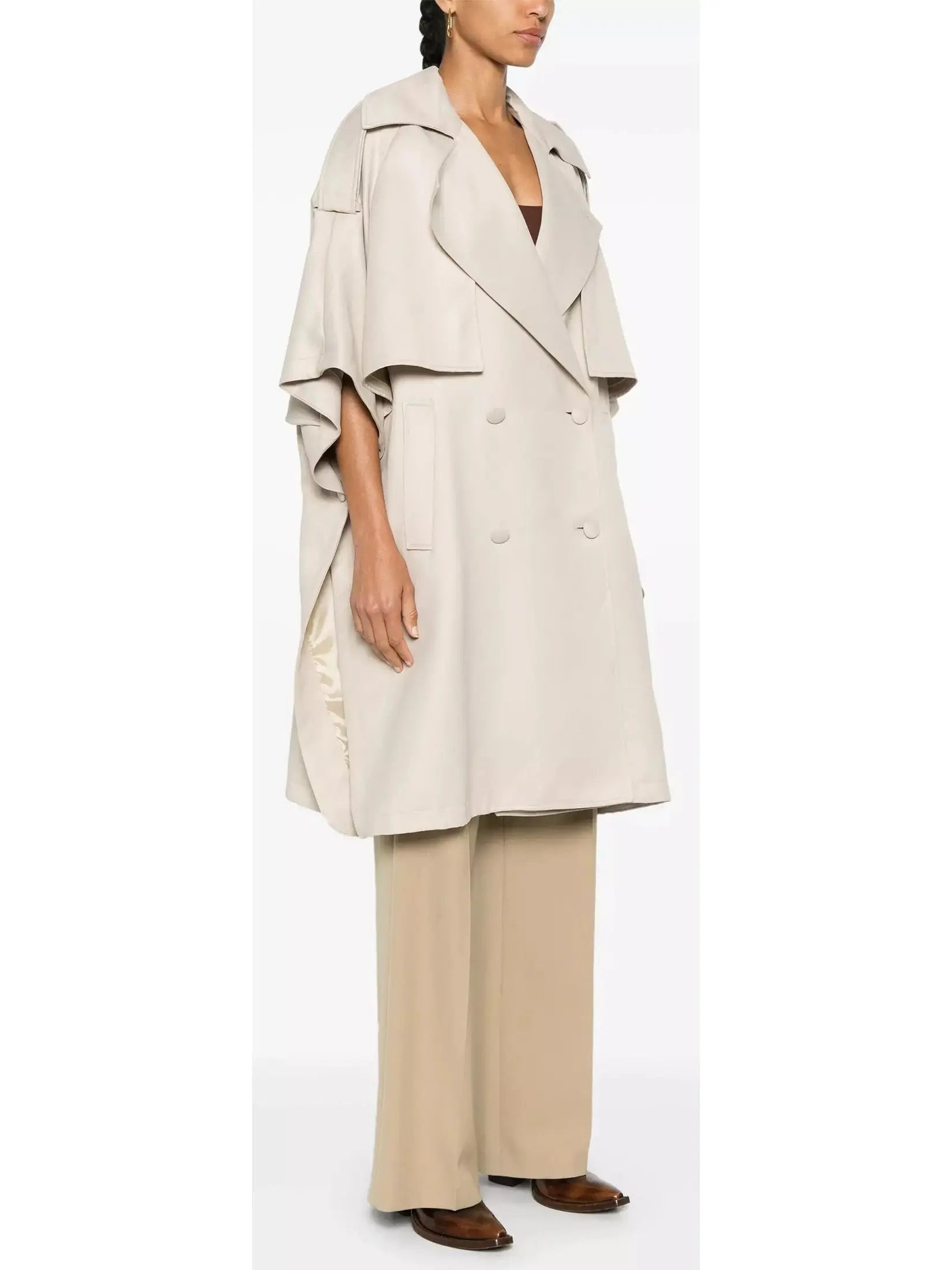 Beige Double-Breasted Short-Sleeve Cape Trench Coat - Coats