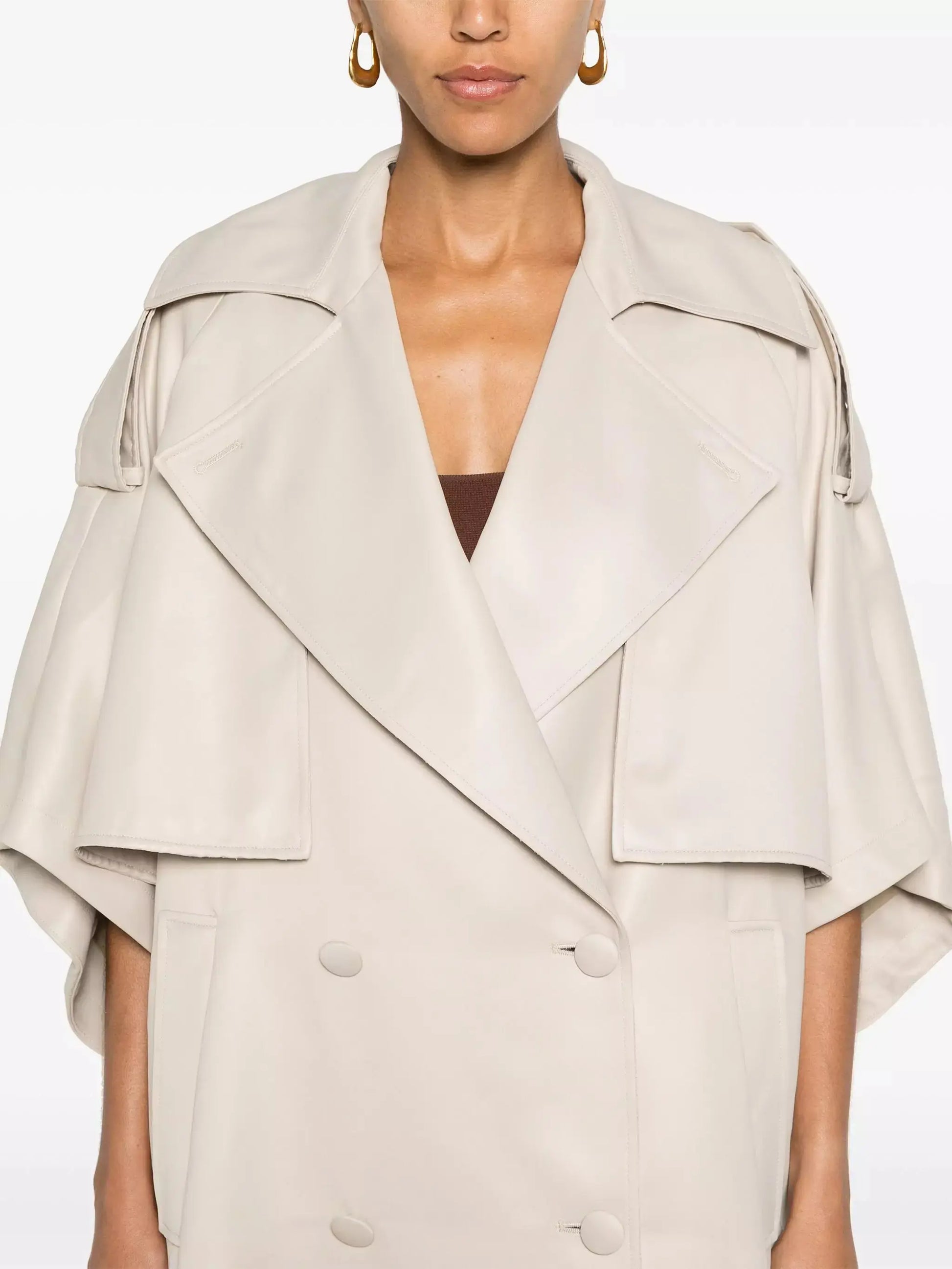 Beige Double-Breasted Short-Sleeve Cape Trench Coat - Coats