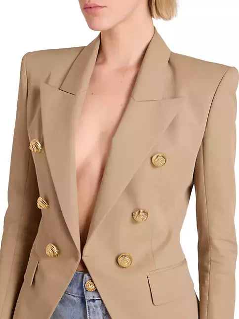 Beige Fitted Cotton Blazer with Gold Spiral Buttons - Jackets