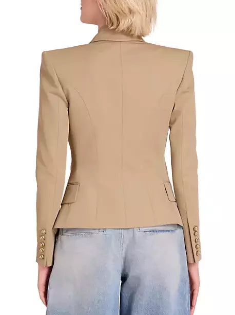 Beige Fitted Cotton Blazer with Gold Spiral Buttons - Jackets