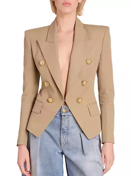 Beige Fitted Cotton Blazer with Gold Spiral Buttons - Jackets