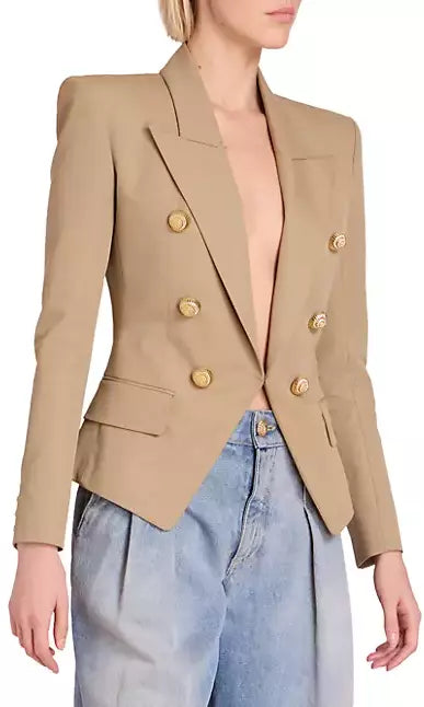 Beige Fitted Cotton Blazer with Gold Spiral Buttons - Jackets