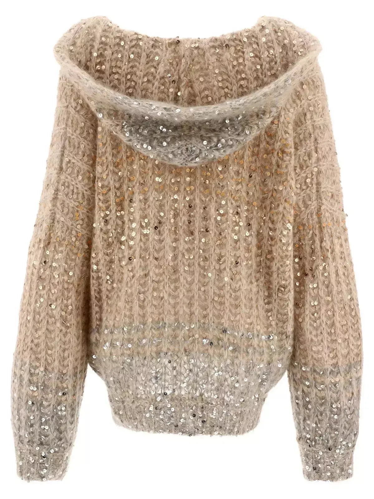 Beige Gradient Sequin-Embellished Knitted Hooded Cardigan - Sweaters & Knitwear