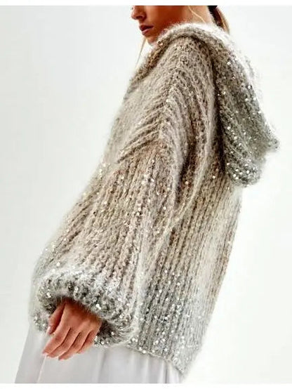 Beige Gradient Sequin-Embellished Knitted Hooded Cardigan - Sweaters & Knitwear