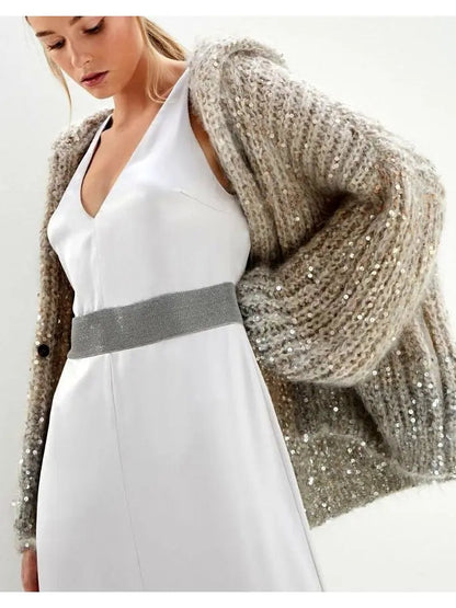 Beige Gradient Sequin-Embellished Knitted Hooded Cardigan - Sweaters & Knitwear