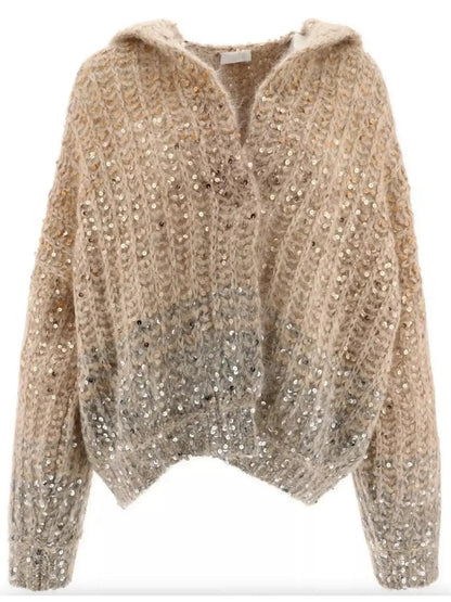 Beige Gradient Sequin-Embellished Knitted Hooded Cardigan - Sweaters & Knitwear