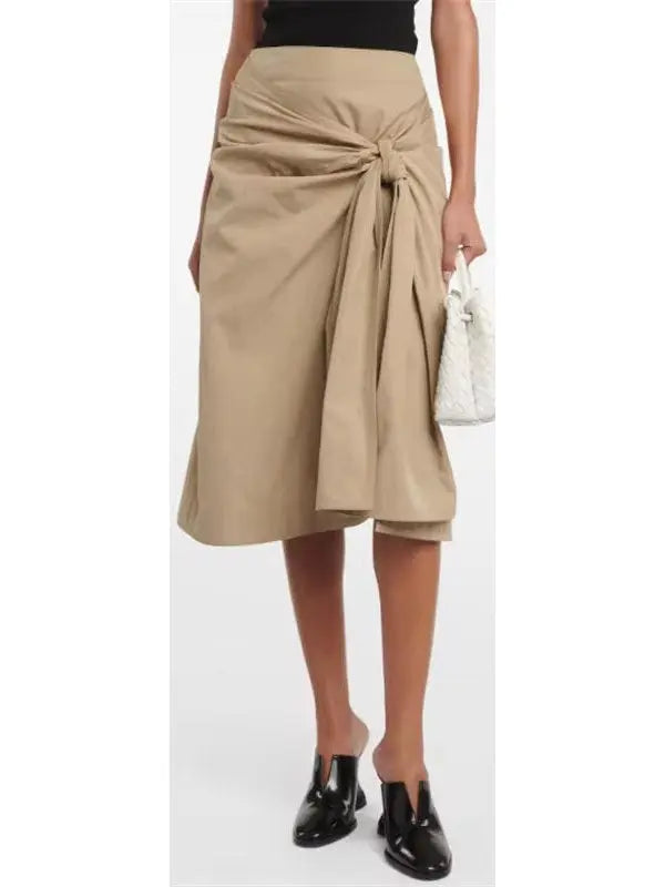 Beige Knotted Cotton Midi Skirt - Skirts