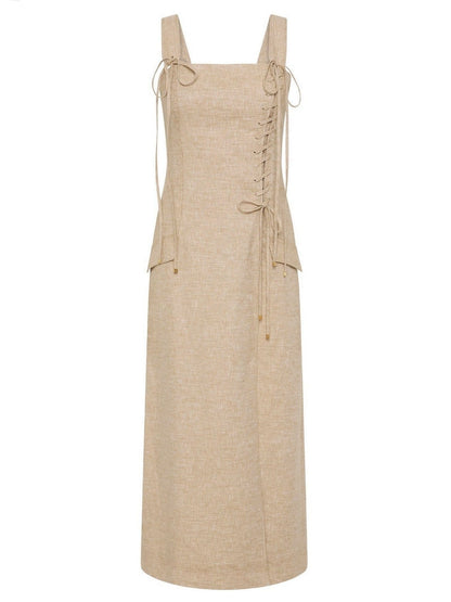Beige Linen Side-Lace-Up Midi Dress - Dresses
