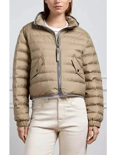 Beige Puffer Down Jacket with Chain Zip - Jackets