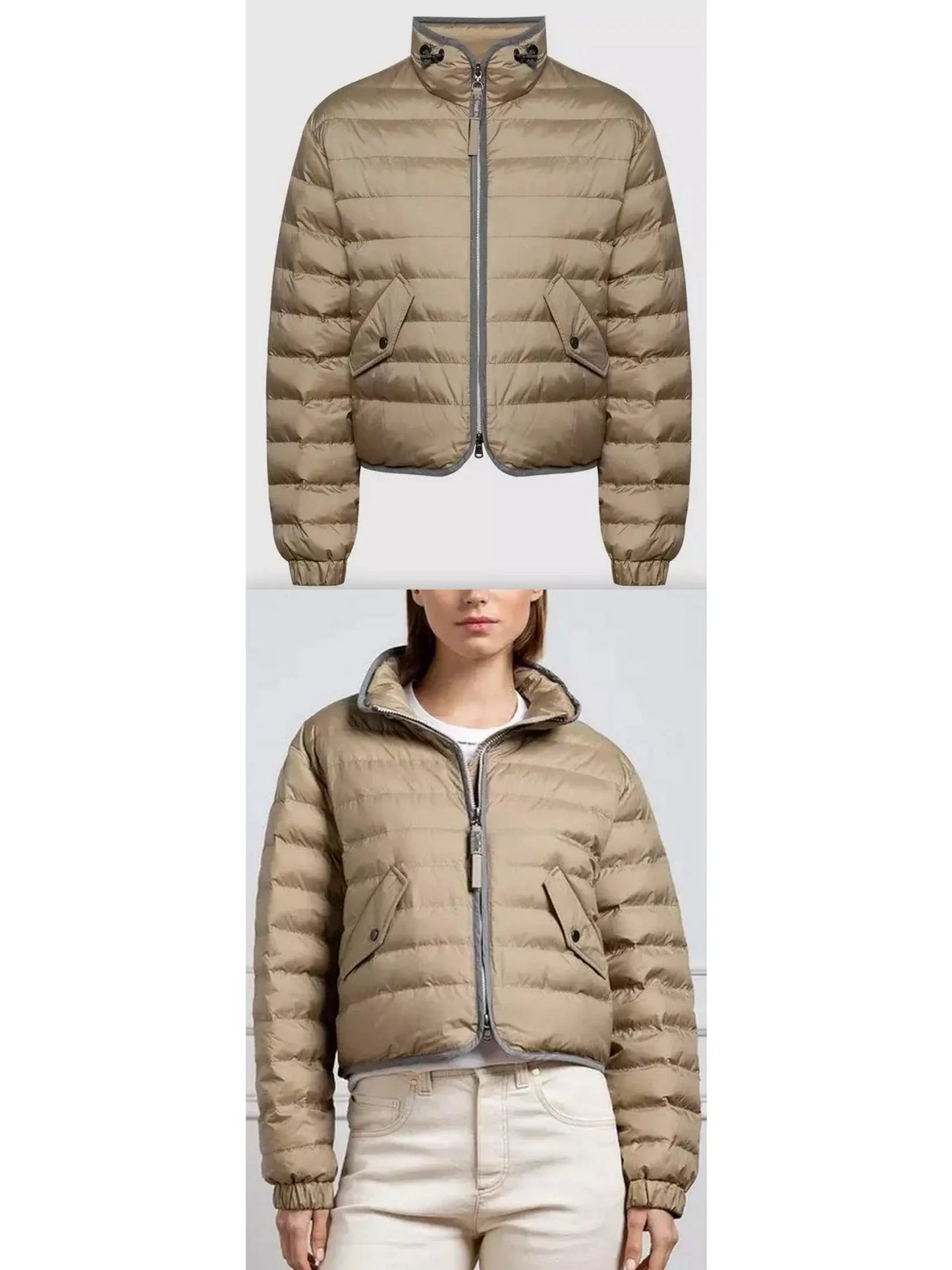 Beige Puffer Down Jacket with Chain Zip - Jackets