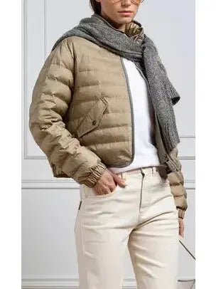 Beige Puffer Down Jacket with Chain Zip - Jackets