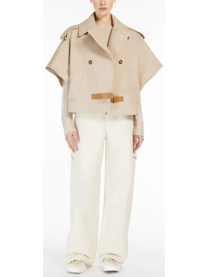 Beige Short-Sleeve Trench Jacket with Buckled Leather Belt Tab - Jackets