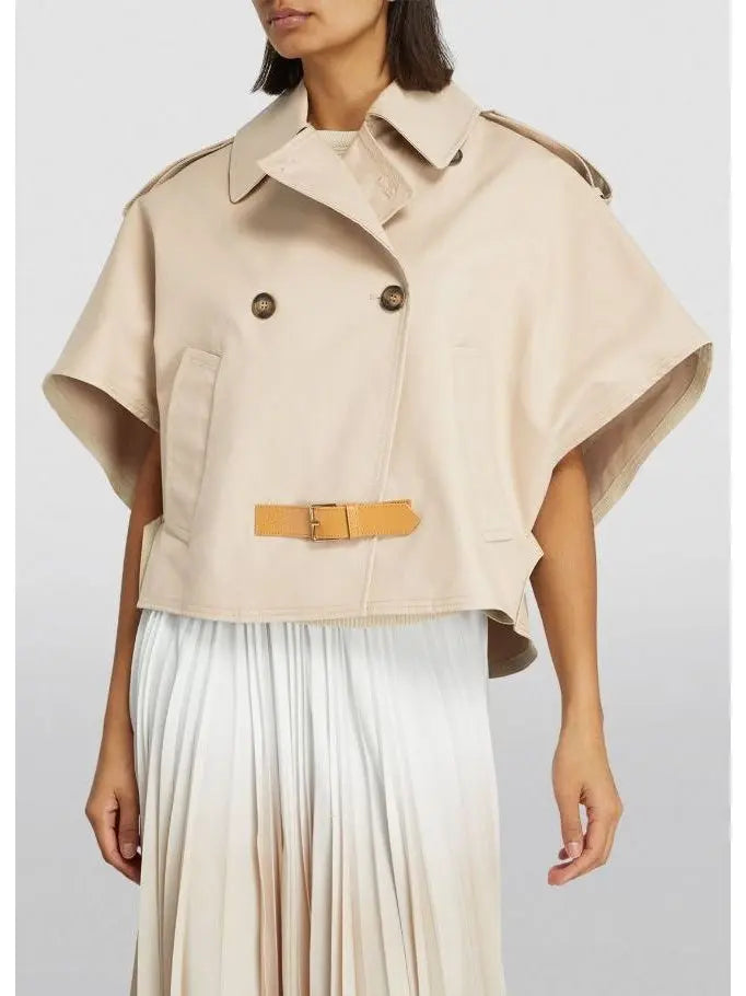 Beige Short-Sleeve Trench Jacket with Buckled Leather Belt Tab - Jackets