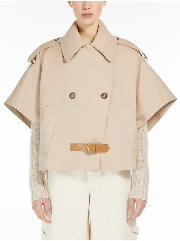 Beige Short-Sleeve Trench Jacket with Buckled Leather Belt Tab - Jackets