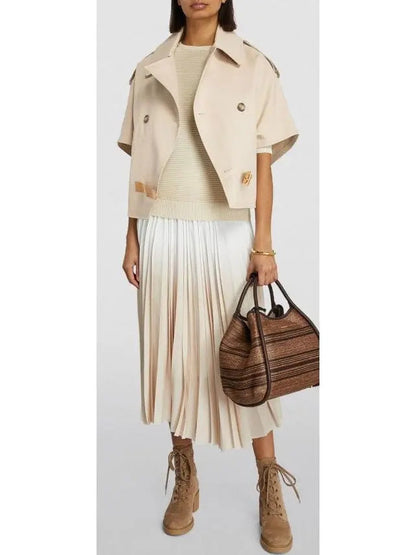 Beige Short-Sleeve Trench Jacket with Buckled Leather Belt Tab - Jackets