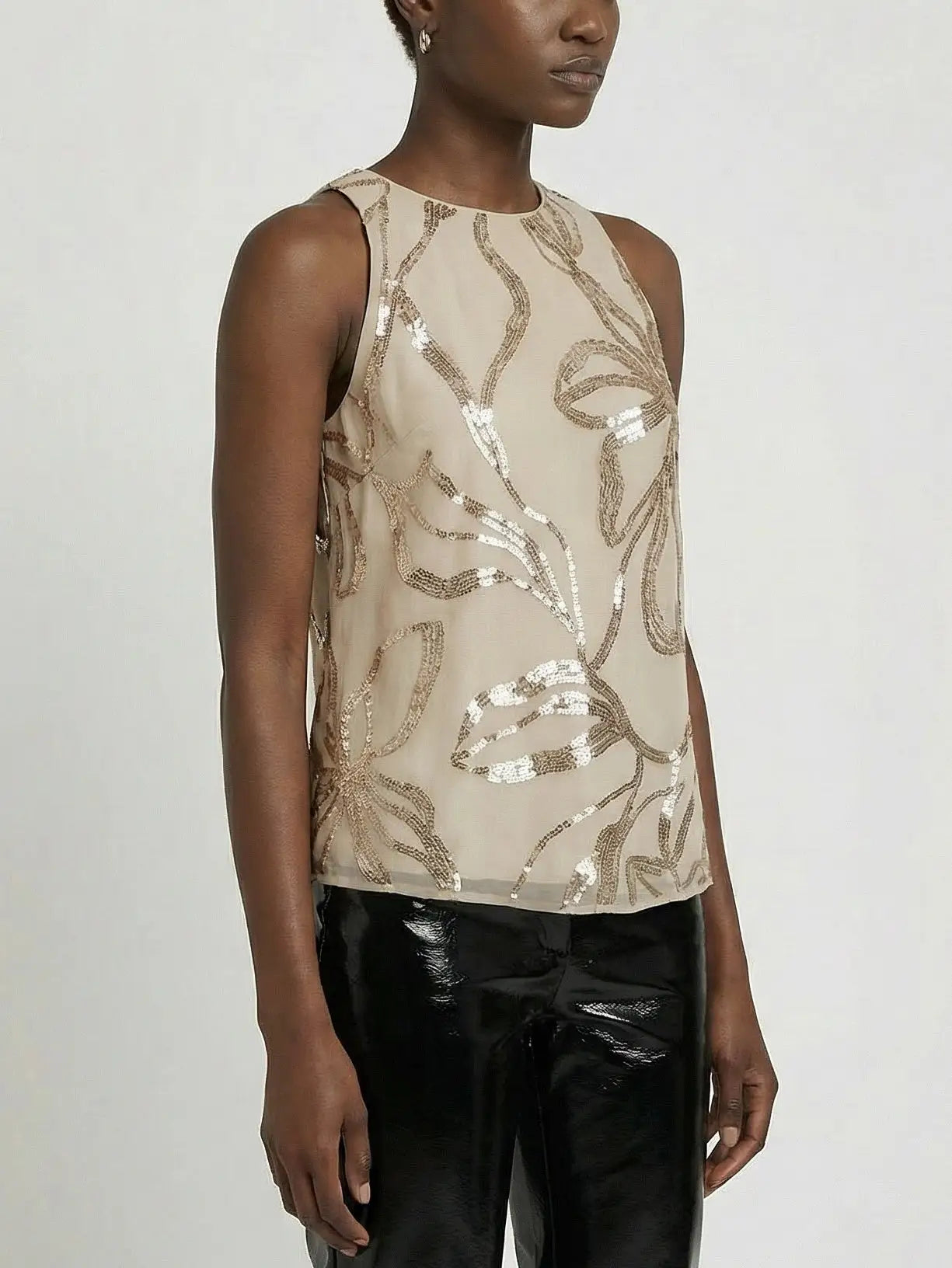 Beige Silk Chiffon Sequin Floral Sleeveless Top - Tops
