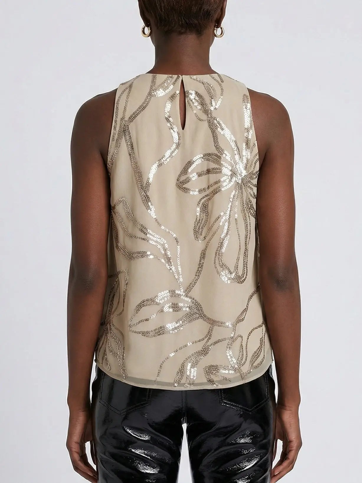 Beige Silk Chiffon Sequin Floral Sleeveless Top - Tops