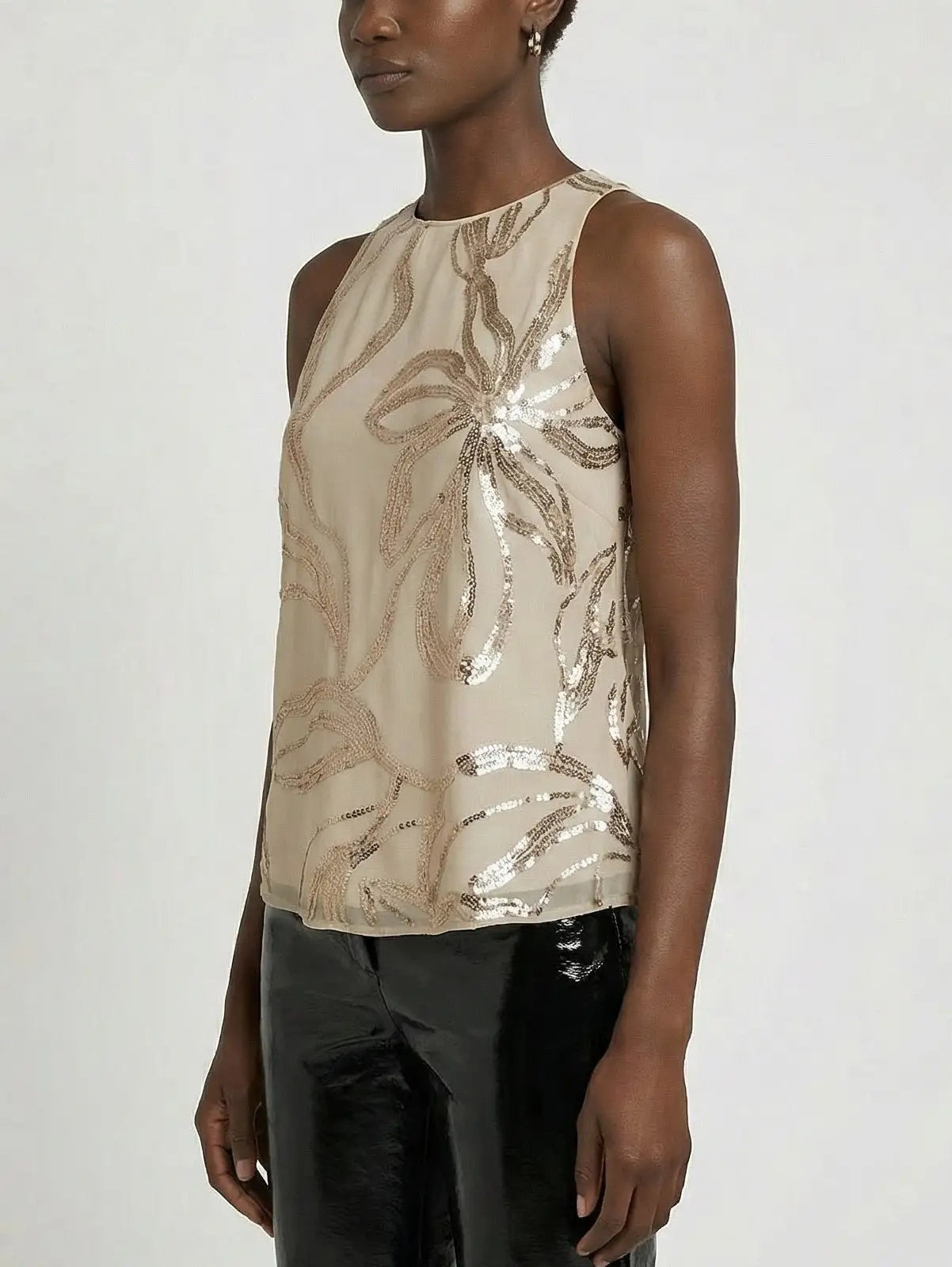 Beige Silk Chiffon Sequin Floral Sleeveless Top - Tops