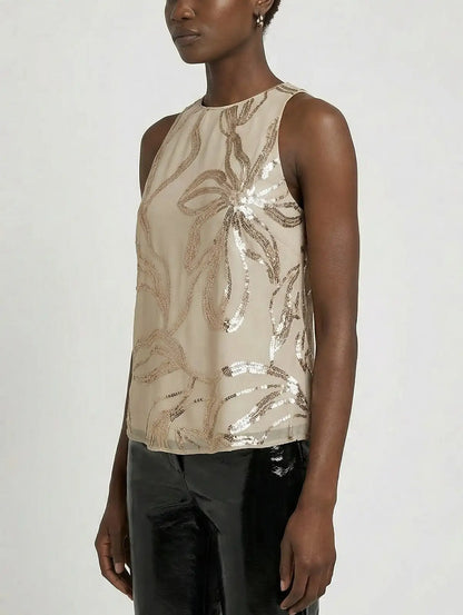 Beige Silk Chiffon Sequin Floral Sleeveless Top - Tops