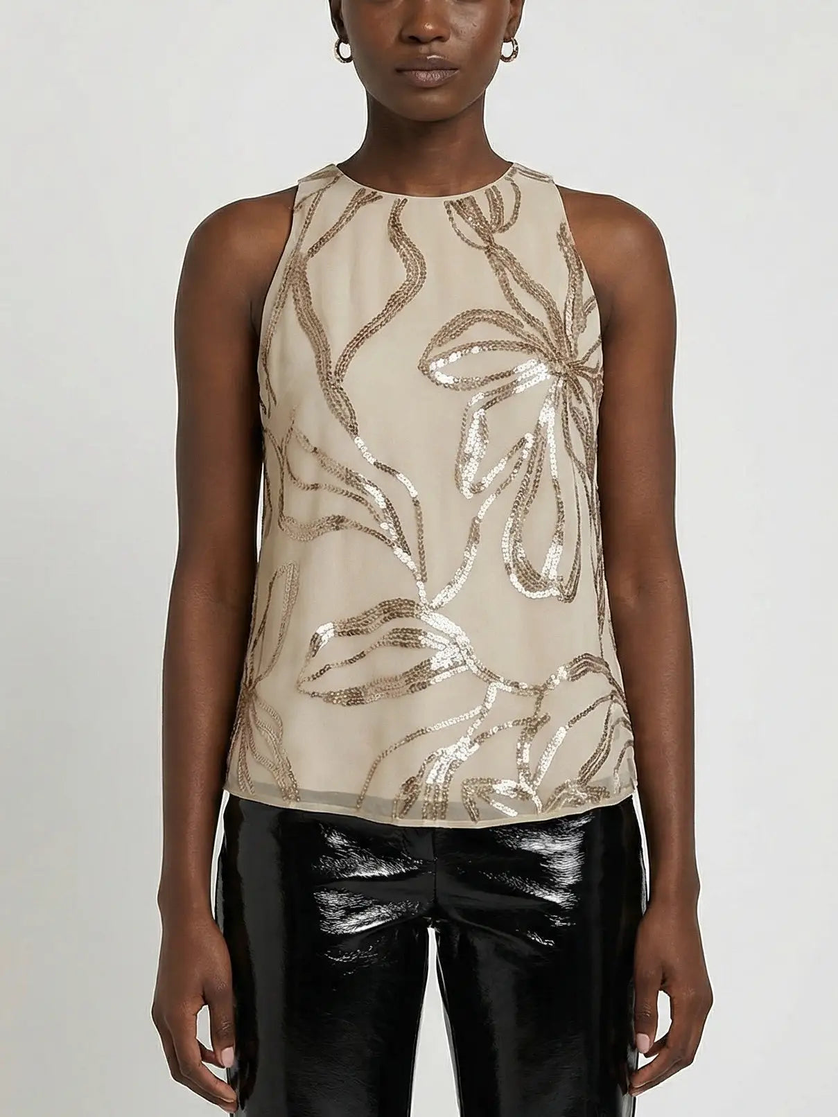 Beige Silk Chiffon Sequin Floral Sleeveless Top - Tops