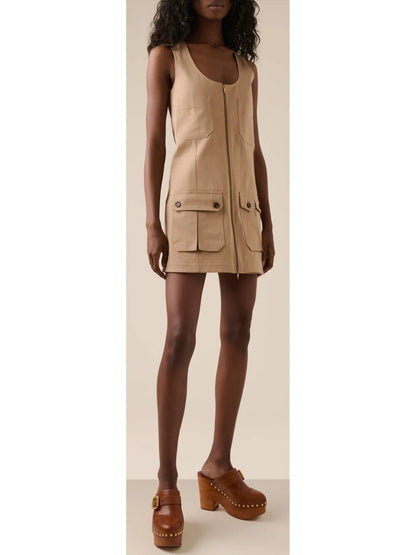 Beige Zipped Utility Cotton Cargo Mini Dress - Dresses