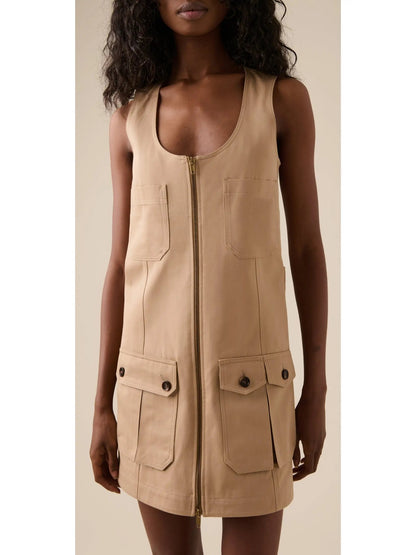 Beige Zipped Utility Cotton Cargo Mini Dress - Dresses