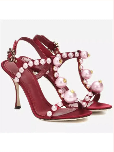 Bejeweled Satin Sandals With Pearl Embroidery In Red - Footwear