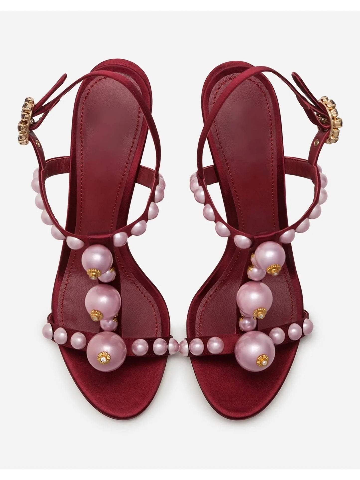 Bejeweled Satin Sandals With Pearl Embroidery In Red - Footwear