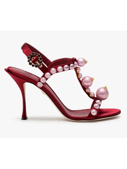 Bejeweled Satin Sandals With Pearl Embroidery In Red - Footwear