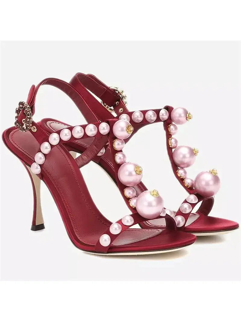 Bejeweled Satin Sandals With Pearl Embroidery In Red - Footwear