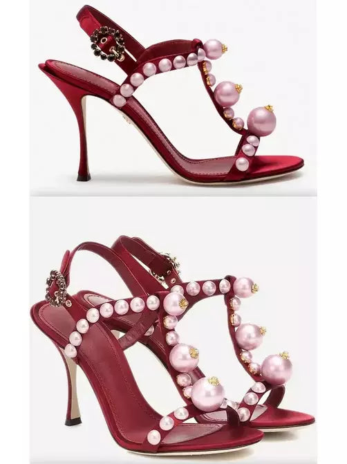 Bejeweled Satin Sandals With Pearl Embroidery In Red - Footwear