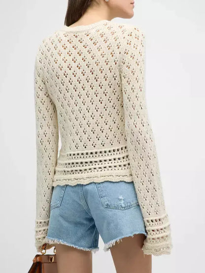 Bell-Sleeve Crochet Knit Ecru Sweater - Sweaters & Knitwear