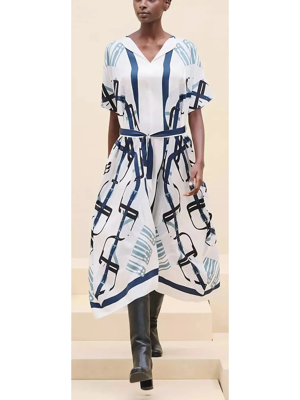 Belt Printed Silk Midi Kaftan Dress - Dresses