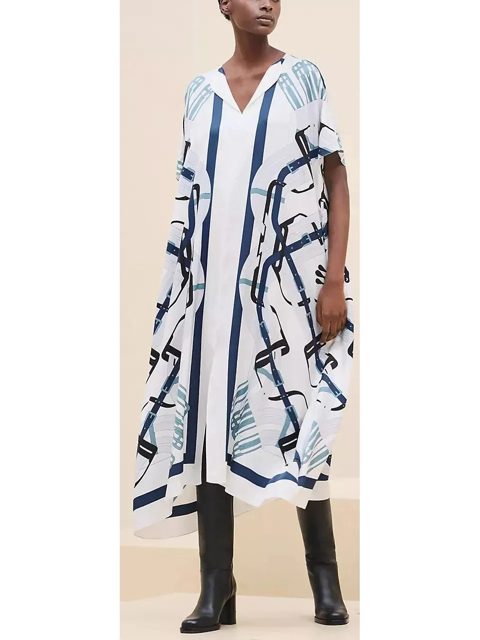 Belt Printed Silk Midi Kaftan Dress - small - Dresses