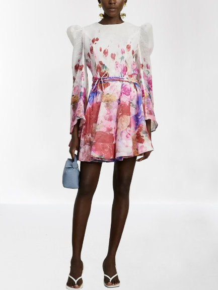 Belted Abstract Watercolor Floral Print Dress - Dresses