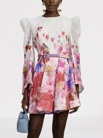 Belted Abstract Watercolor Floral Print Dress - Dresses