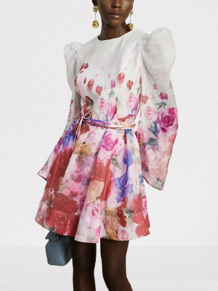 Belted Abstract Watercolor Floral Print Dress - Dresses