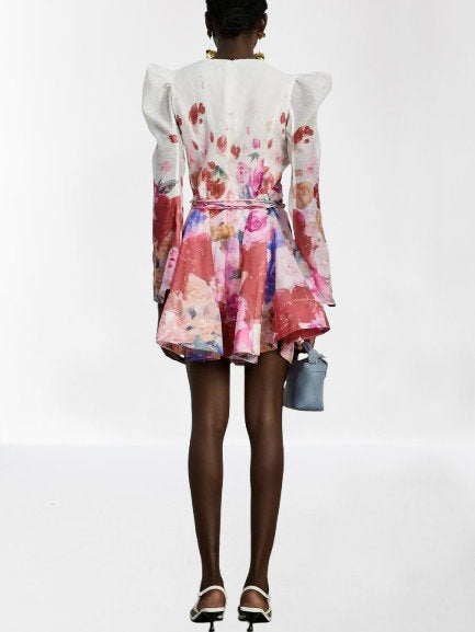 Belted Abstract Watercolor Floral Print Dress - Dresses