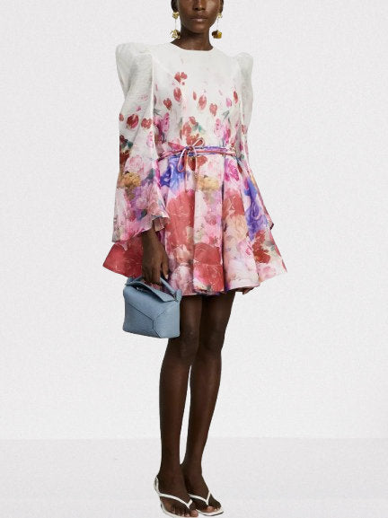 Belted Abstract Watercolor Floral Print Dress - Dresses